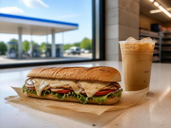 Toasted submarine sandwich with melted cheese, lettuce, and tomato on parchment beside an iced coffee on a convenience store counter, with a fuel canopy visible through the window