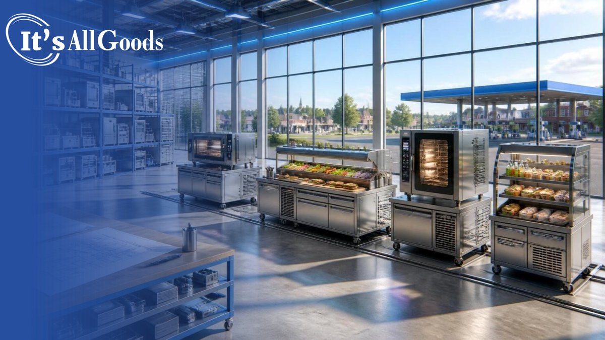 Illustration of a sunlit, glass-walled foodservice workshop where modular stainless kitchen stations on floor tracks, including a speed oven, sandwich make line, combi oven, and grab-and-go case, are arranged in a new layout, with equipment shelving, a planning table with kitchen blueprints, and a fuel canopy outside