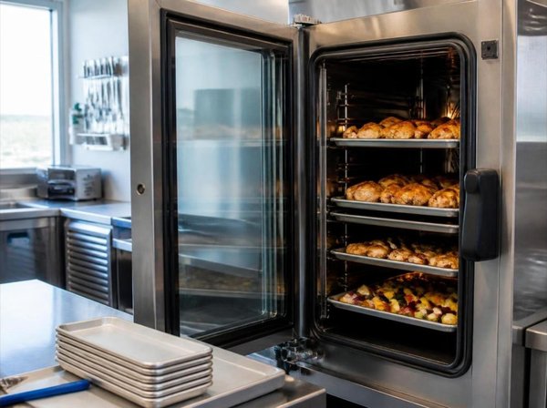 Stainless steel combi oven with its glass door open, showing trays of golden roasted chicken and roasted vegetables in a clean convenience store kitchen