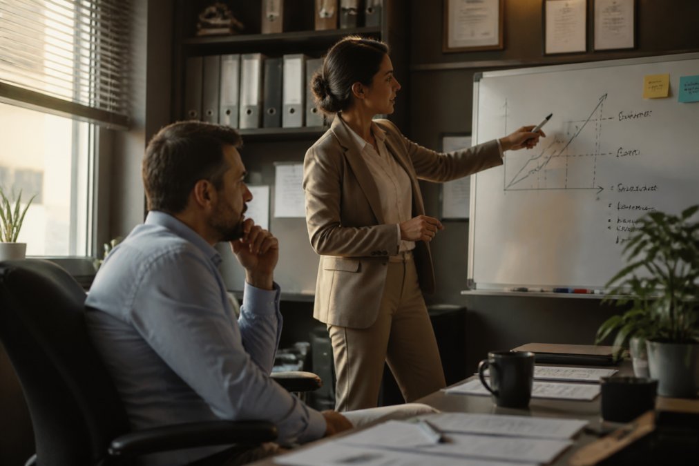 Healthcare administrator in a clinic office reviewing financial reports on a monitor while a colleague points at projected savings figures on a whiteboard, warm afternoon light through window blinds