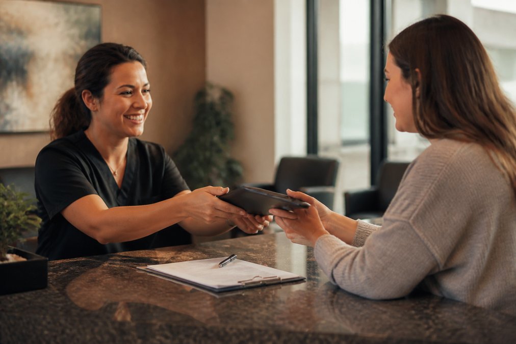 A medical office receptionist handing a tablet to a patient for digital consent, with a clipboard and pen on the desk, warm natural light, modern clinic interior