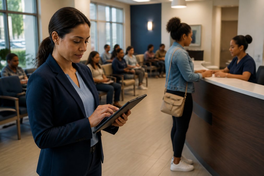 A clinic administrator reviewing patient growth metrics on a tablet in a busy waiting room, with staff checking in a patient in the background