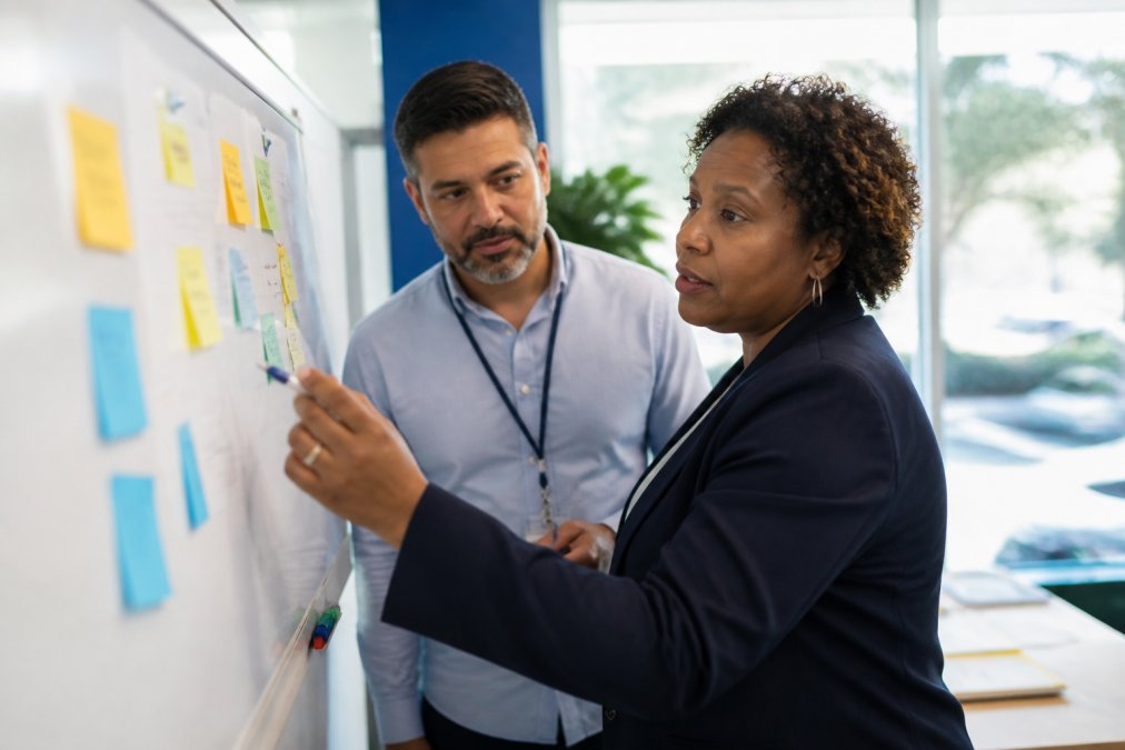 A clinic marketing director and compliance officer reviewing a patient data flow map on a whiteboard in a bright community health center office, sticky notes marking intake, CRM, and email touchpoints