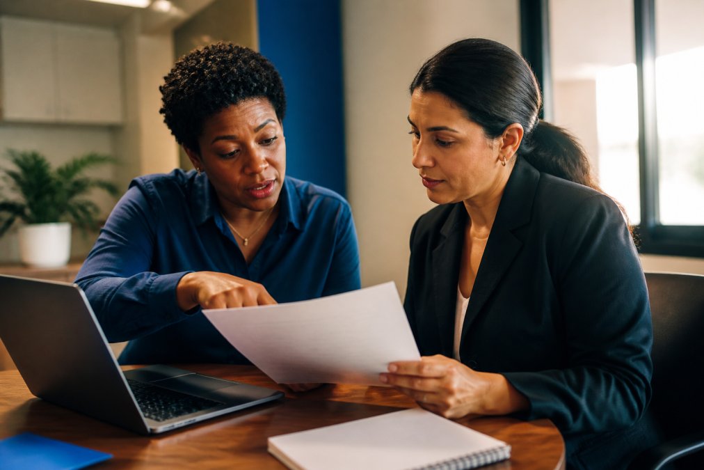 Two clinic administrators at a desk comparing a printed pharmacy statement with a laptop spreadsheet, one pointing at a line item, warm office lighting, no readable patient data on screen