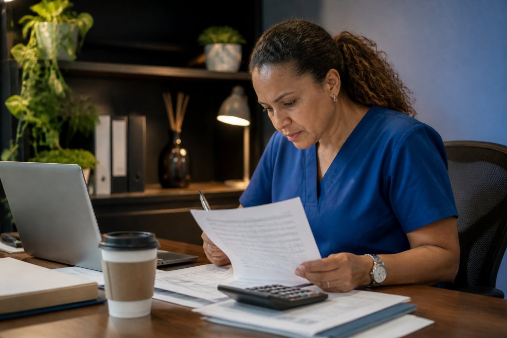 A clinic administrator reviewing financial statements and spreadsheets on a desk with a laptop, calculator, and coffee cup in a bright office setting