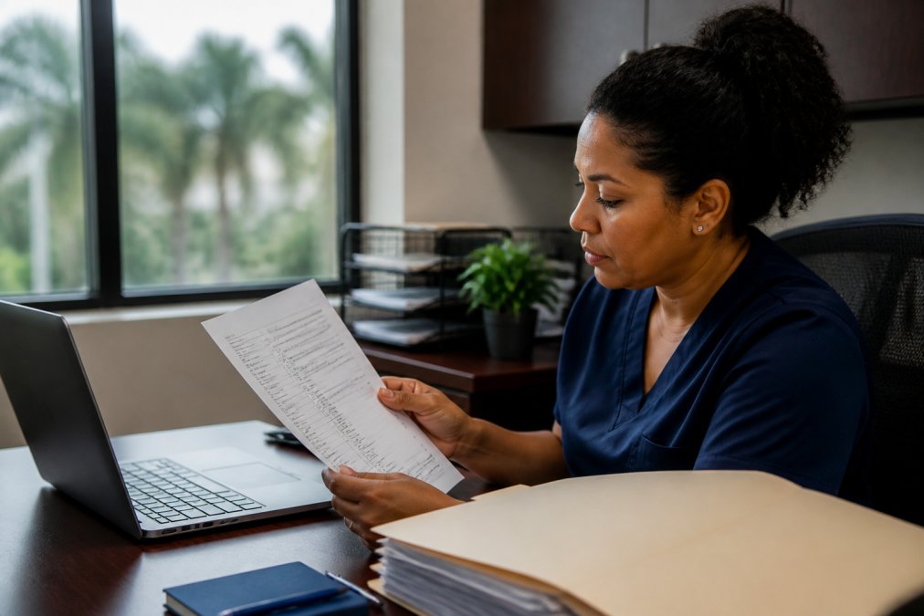 A 340B program manager at a clinic desk reviewing a printed documentation checklist, with a laptop open to the HRSA 340B OPAIS portal and a folder of grant documents beside the keyboard
