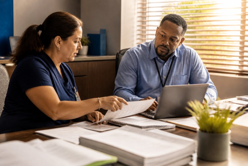 A pharmacy administrator and a clinic billing lead reviewing paper statements and a laptop spreadsheet across a desk in a small clinic office, warm afternoon light through blinds