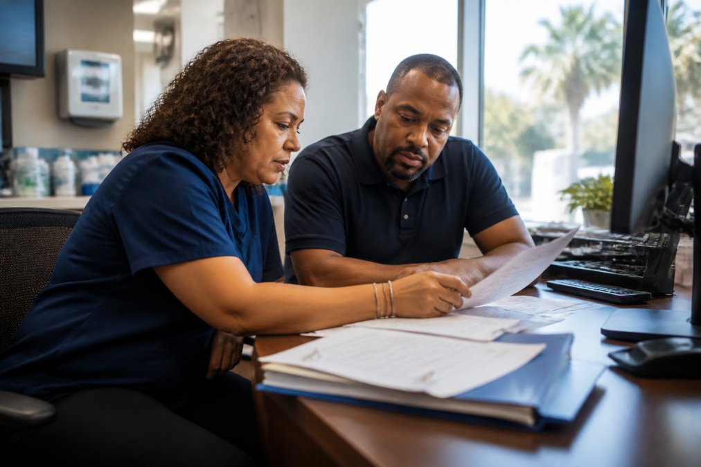 Pharmacy staff reviewing 340B carve-in billing documents and claim records at a clinic desk