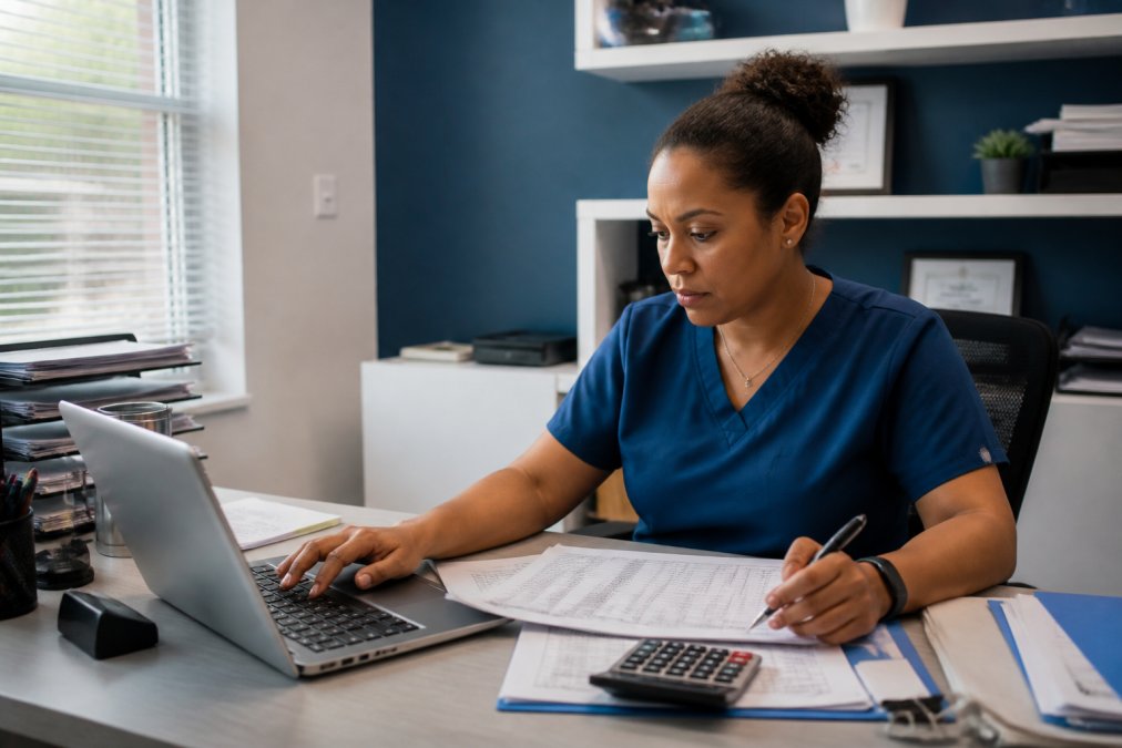 A 340B program manager at a clinic desk reviewing monthly pharmacy statements on a laptop, with a printed reconciliation worksheet and calculator beside the keyboard, natural office lighting