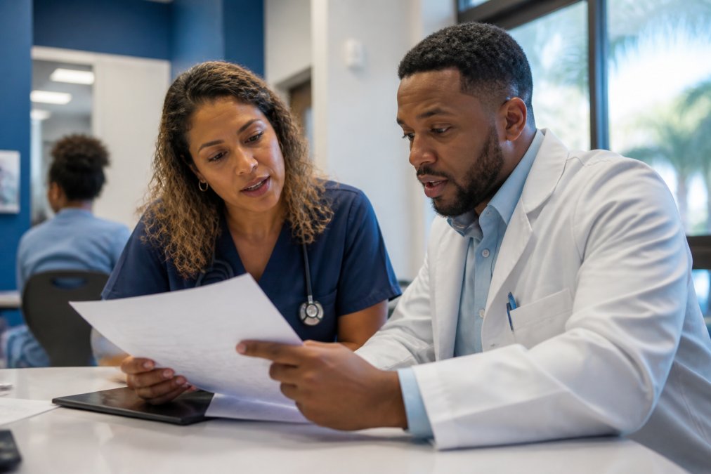 Healthcare professional reviewing a 340B contract pharmacy statement in a bright clinical office setting