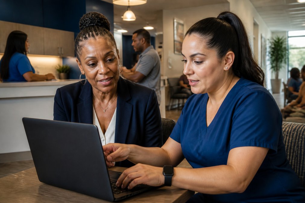Clinic staff reviewing FQHC patient engagement software on a laptop in a modern community health center office