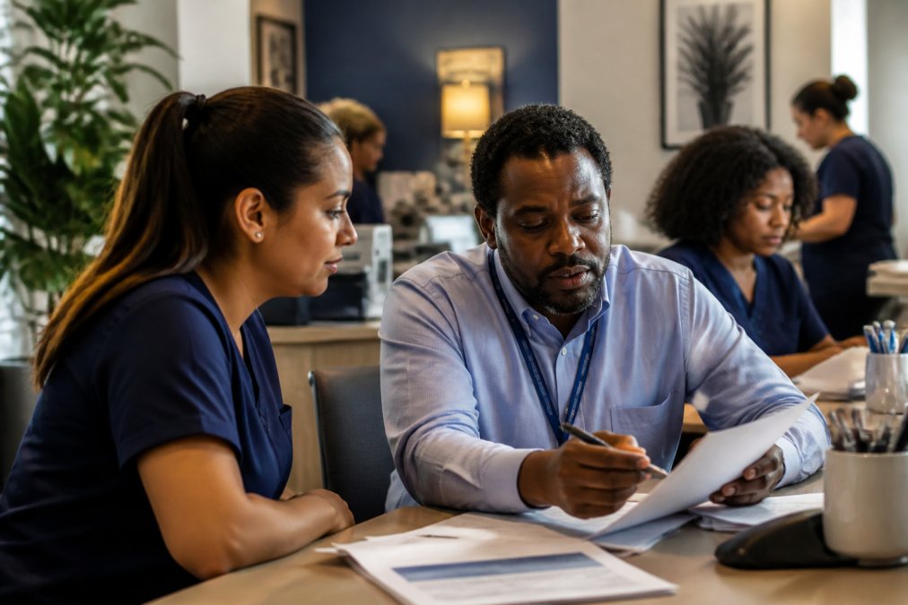 Healthcare administrator reviewing patient appointment metrics to support FQHC patient acquisition goals