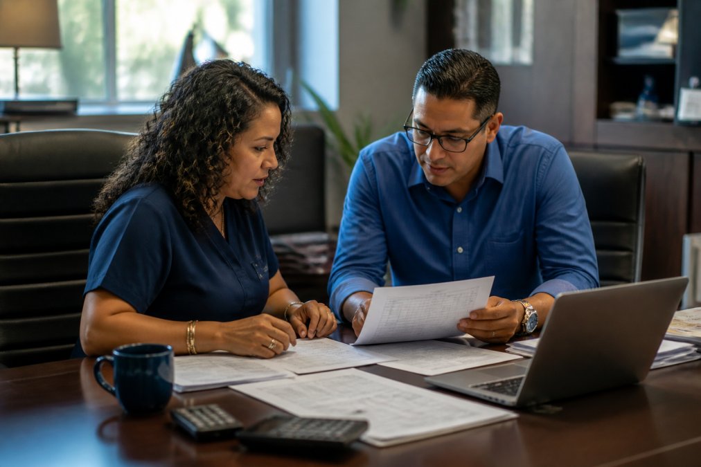 Finance team analyzing data to model cash flow for a second 340B pharmacy program using spreadsheets and reports.