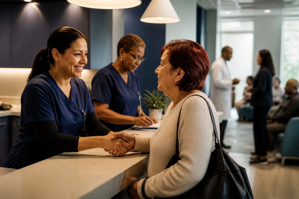 Professional demonstrating FQHC growth infrastructure solutions technique in modern clinical setting with natural lighting