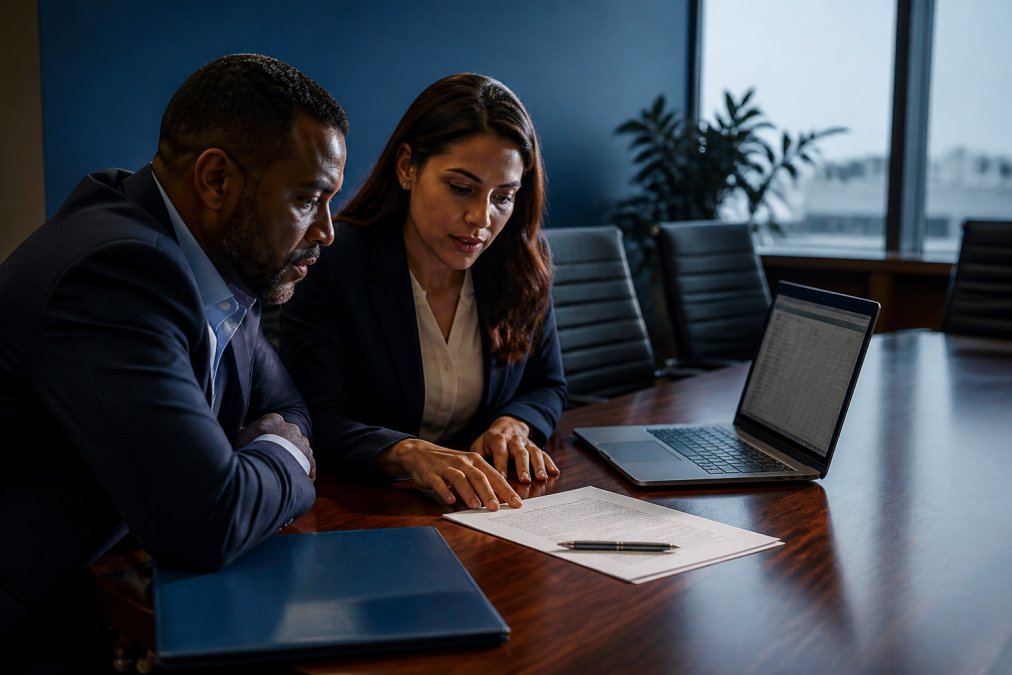 Administrators reviewing a 340B contract pharmacy clause checklist at a conference table