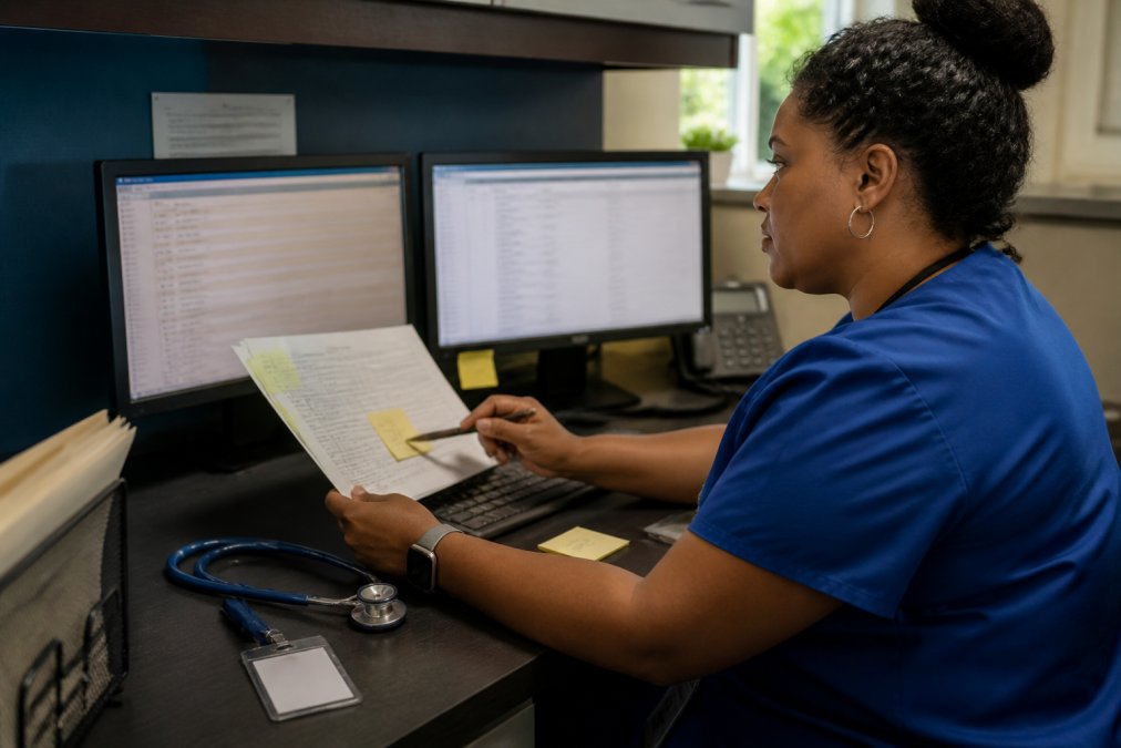Manager comparing a printed list to EHR data during a 340B prescriber roster audit process at a clinic desk