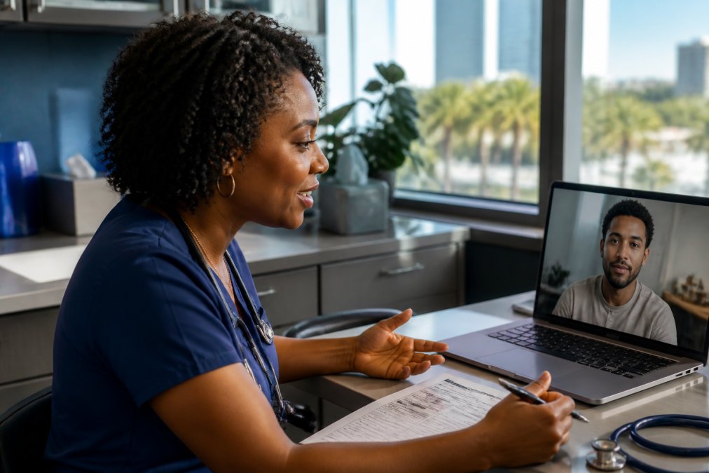 Clinician discussing a PrEP program with a patient during a telehealth video call in a bright clinic office