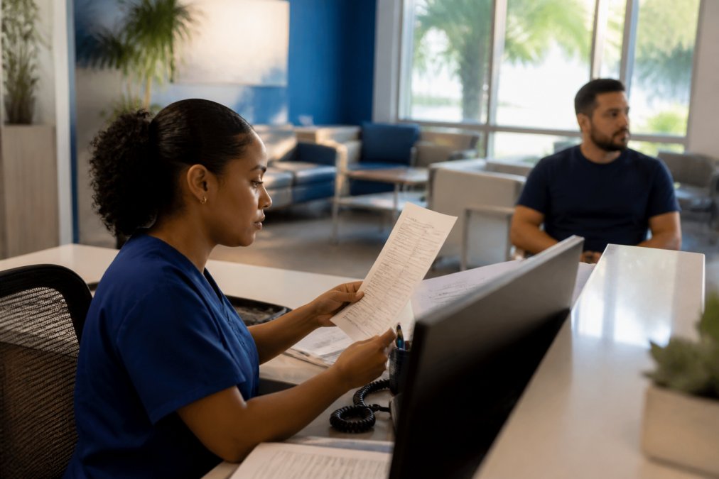 Front-desk staff member using a prep labs checklist in a modern medical clinic lobby