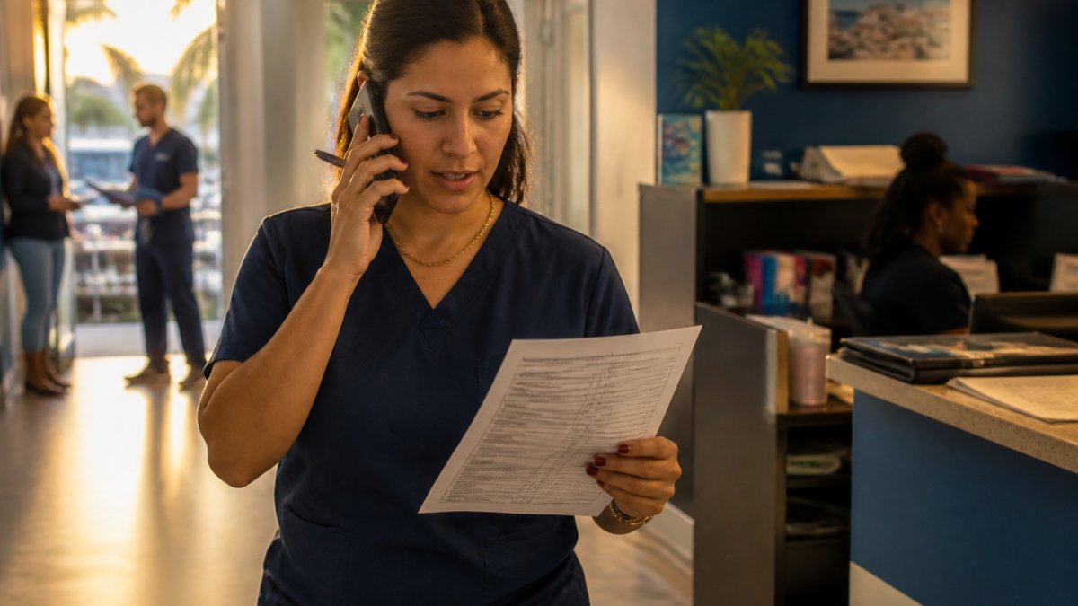 A medical biller at a clinic workstation reviewing a printed claim form beside a computer screen showing a patient encounter, sticky notes with coding reminders on the monitor edge, natural window light