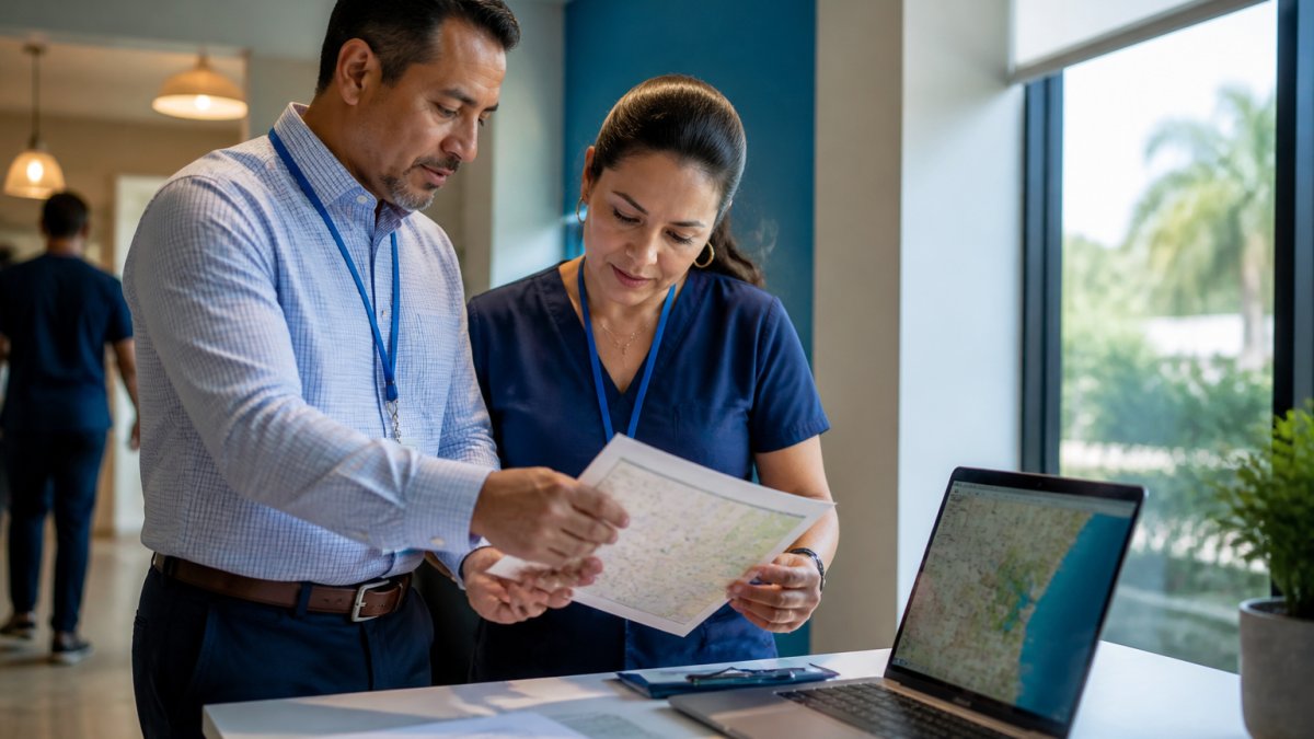 A clinic administrator and a marketing coordinator reviewing a printed location data sheet at a desk, with a laptop showing a map open beside them in a bright office