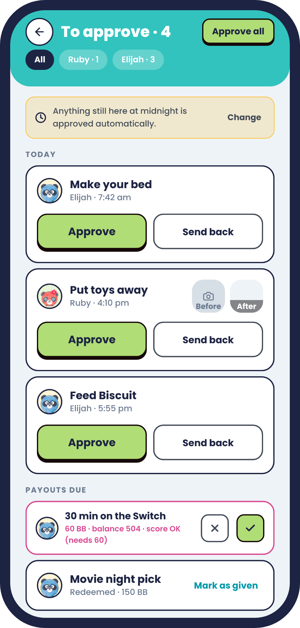 The Kiddie Kredit approval screen, with chores to approve or send back