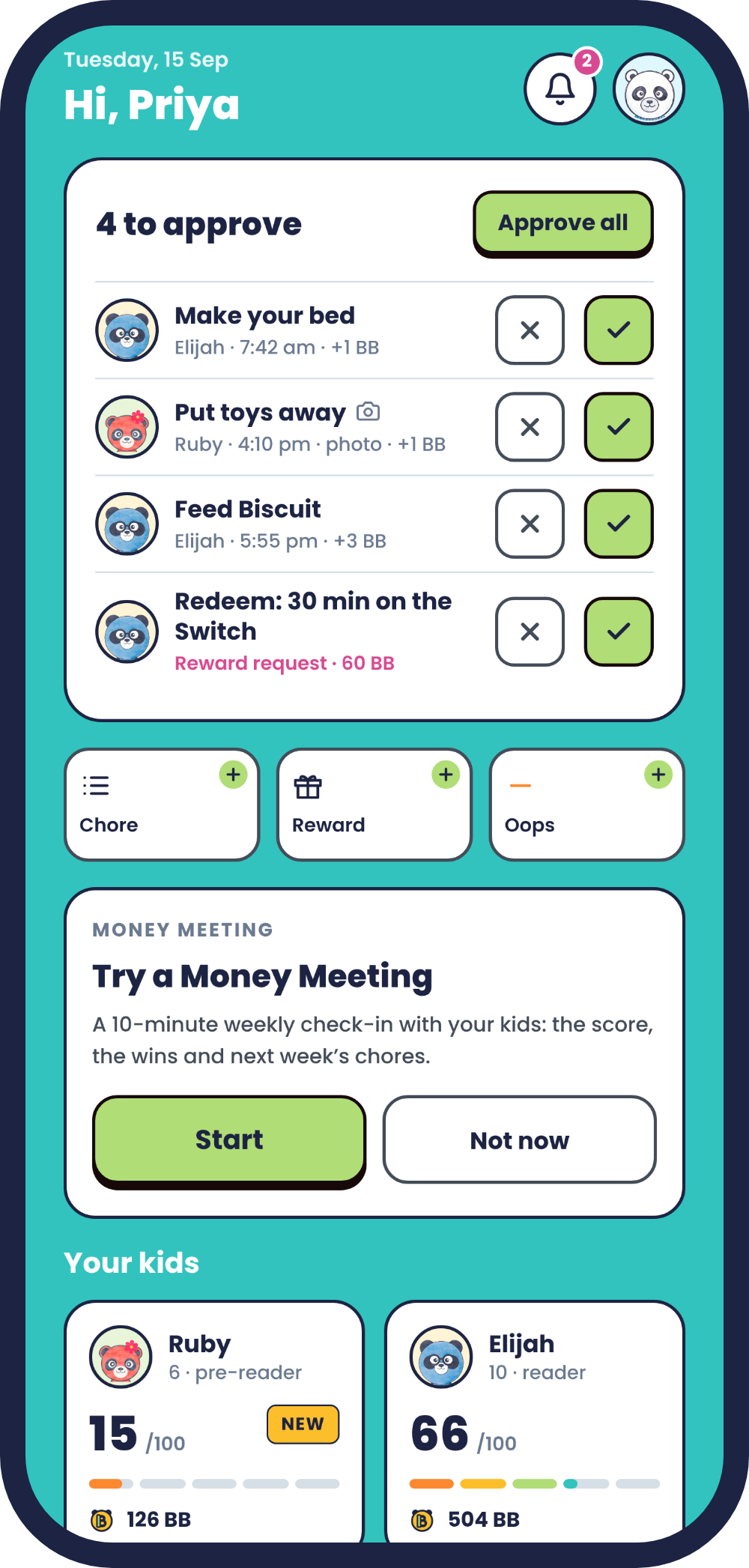 A parent's Kiddie Kredit home screen with chores to approve and each child's score