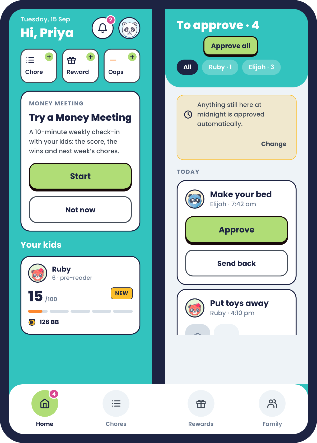 Kiddie Kredit on iPhone Duo in book posture: a parent's home on one screen and chores to approve on the other