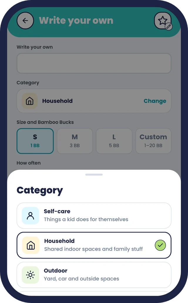 Adding a chore: picking its category, such as Self-care, Household or Outdoor