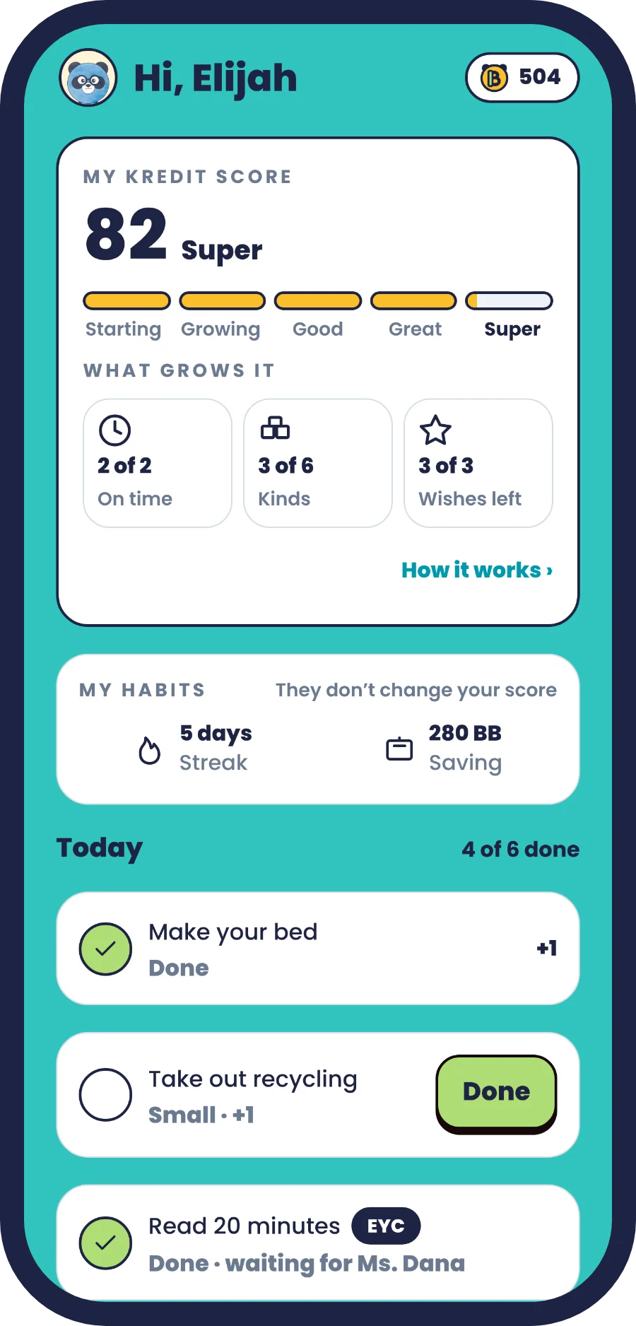 A child's Kiddie Kredit home screen: a Kredit Score of 82, Super, what grows it, habits, and today's chores