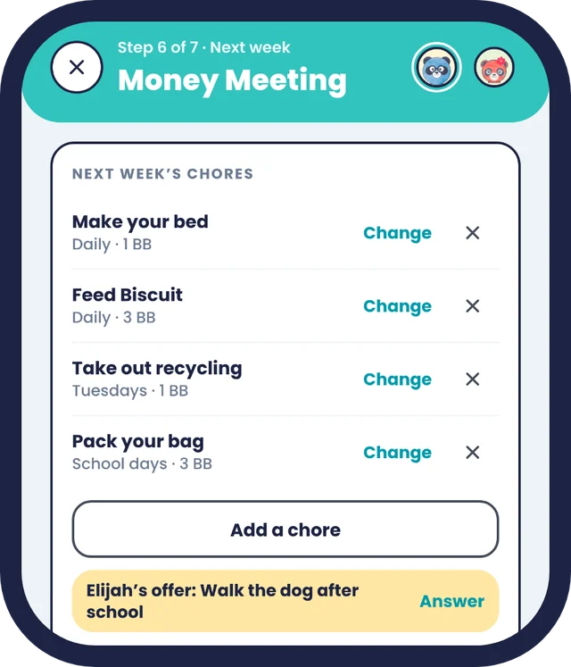The Money Meeting, step 6 of 7: next week's chores, with a child's offer to answer