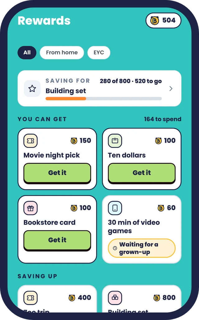 A child's Rewards screen: saving for a building set, and rewards to get with Bamboo Bucks