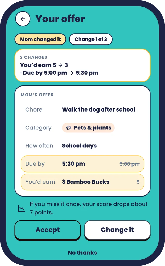 A child's offer screen: Mom changed the offer to walk the dog, with Accept and Change it buttons
