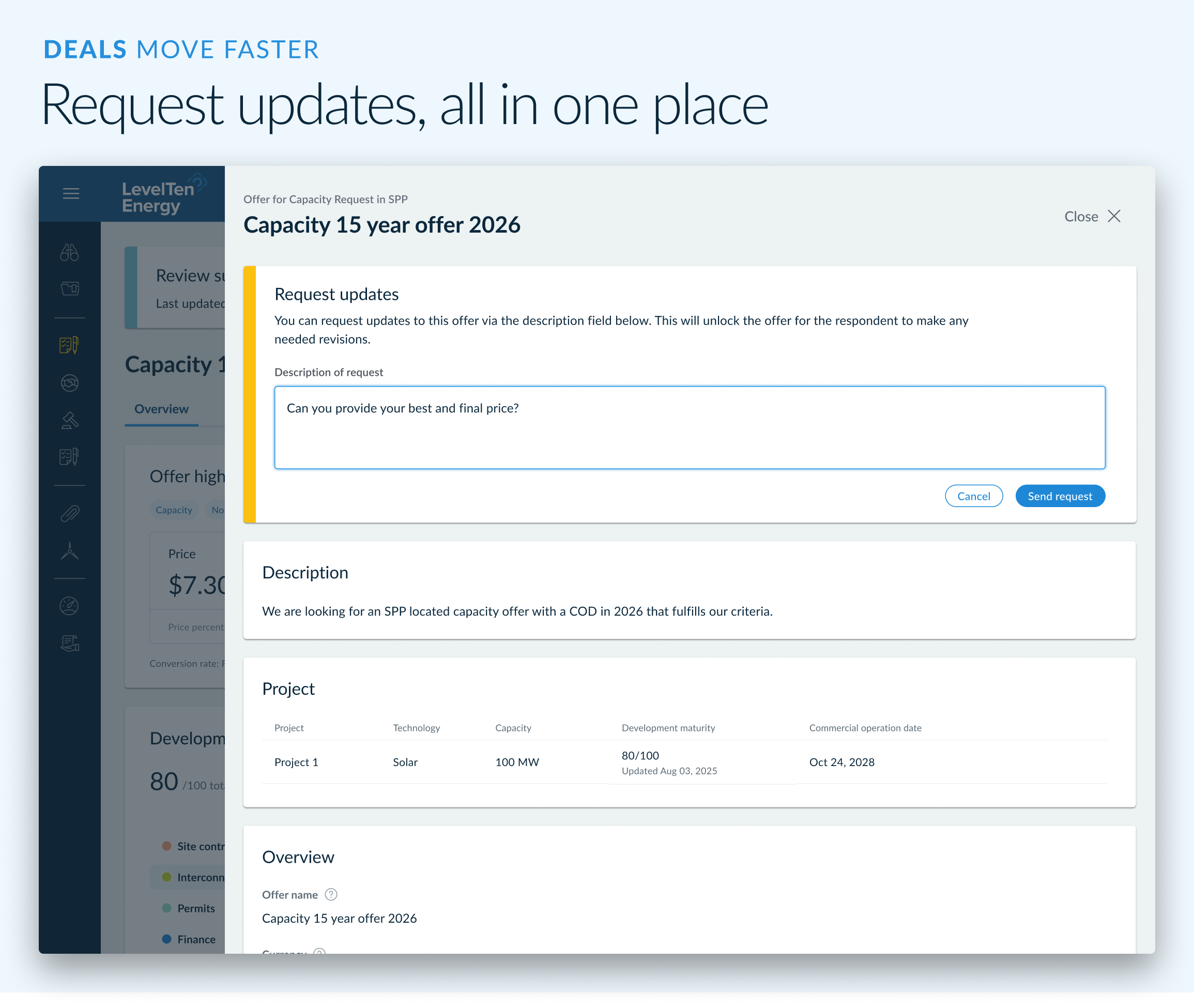 Caption: Deals move faster, request updates, all in one place. Image: Screenshot of offer details sidebar featuring a message box titled request updates