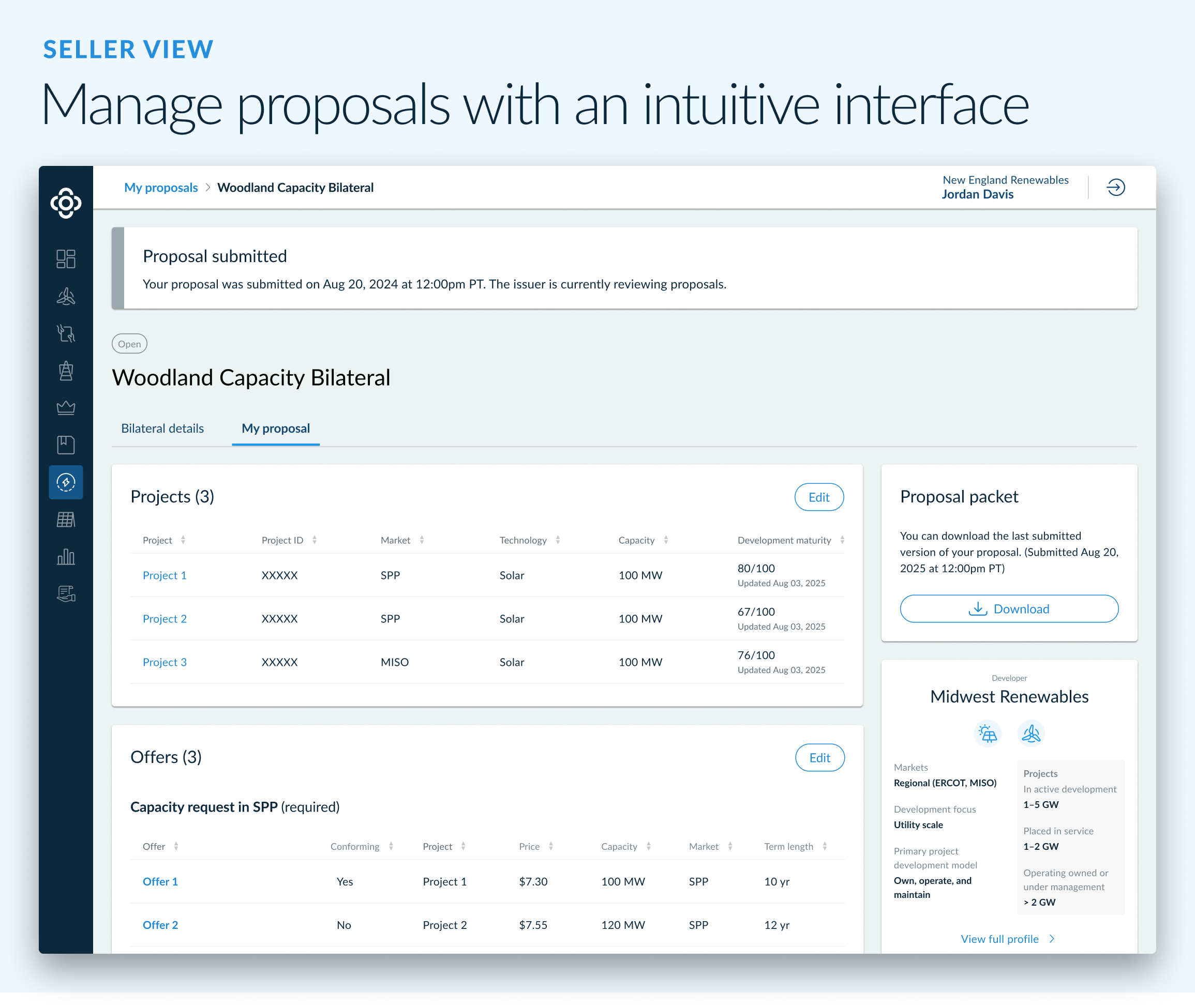 Caption: Seller view. Manage proposals with an intuitive interface. Image: Screenshot of bilateral page under the tab 'My proposals' showing the projects and offer details