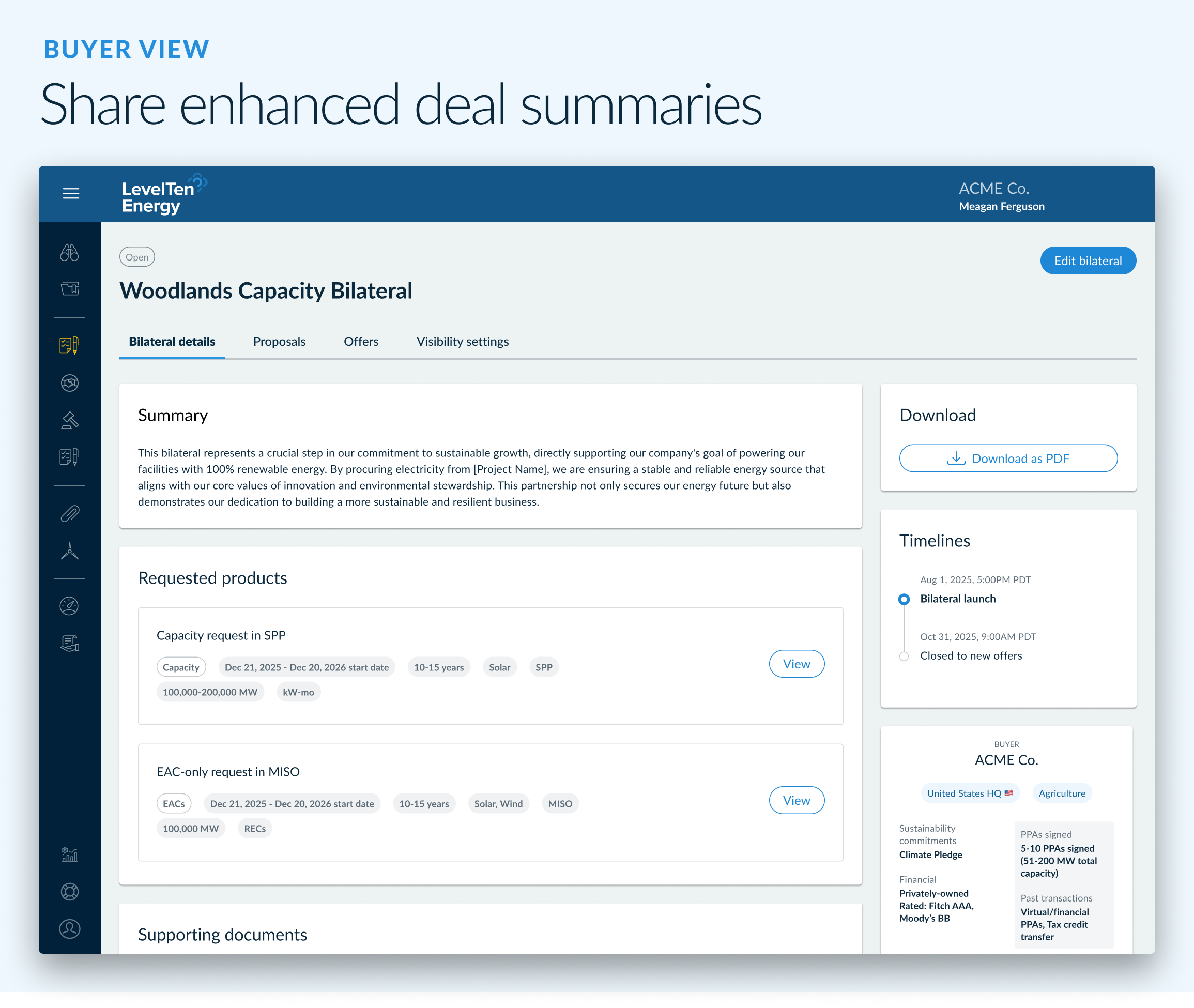 Caption: Buyer view. Share enhanced deal summaries. Image: Screenshot of bilateral details page showing summary, requested products, timeline, pdf download, and tabs for viewing proposals and offers.