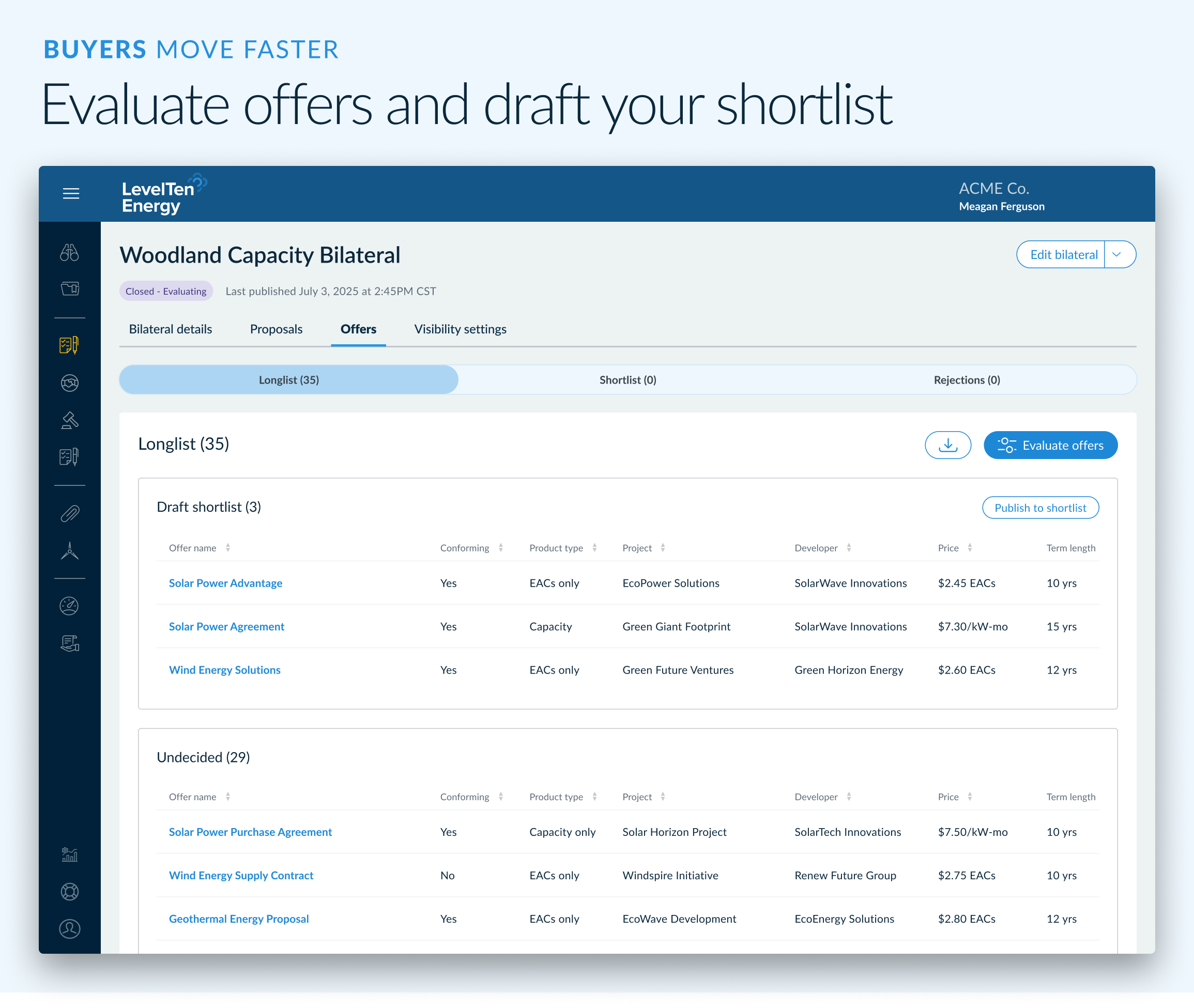 Caption: Buyers move faster, evaluate offers and draft your shortlist. Image: Screenshot of a bilaterals listing page on the offering tab, showing options for longlisting and shortlisting projects