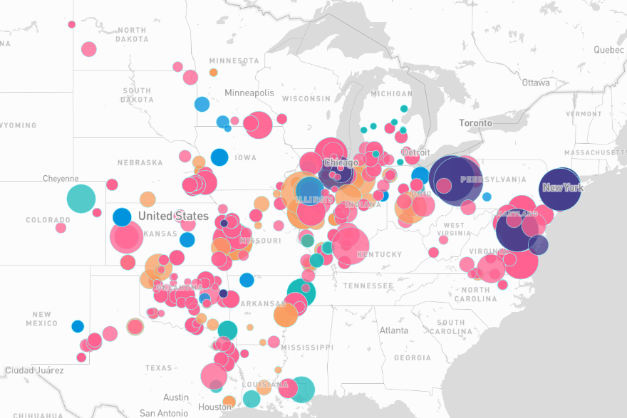 Supply map of fully bundled PPA offers across SPP, MISO and PJM; bubble size shows nameplate capacity in MW.