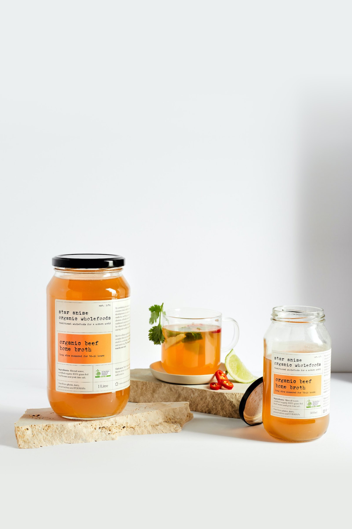 Luxe glass jar packaging design for organic soup and broth products designed by Jo ChunYan