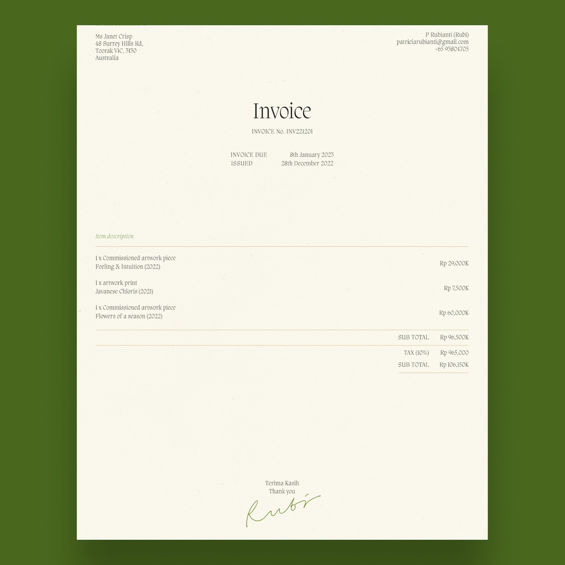 Invoice design and branding for artist Ruby designed by Jo ChunYan