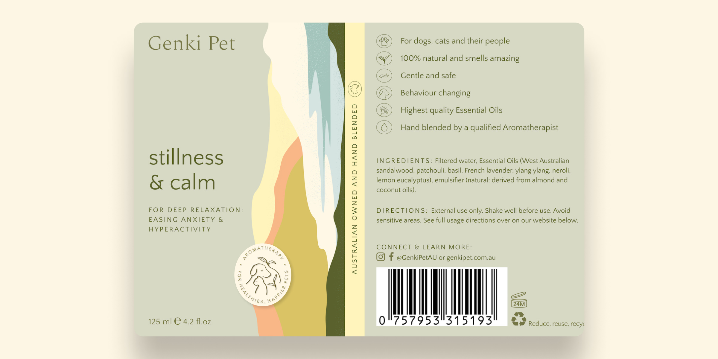 Back of pack label layout for aromatherapy essential oil spritz for pets designed by Jo ChunYan