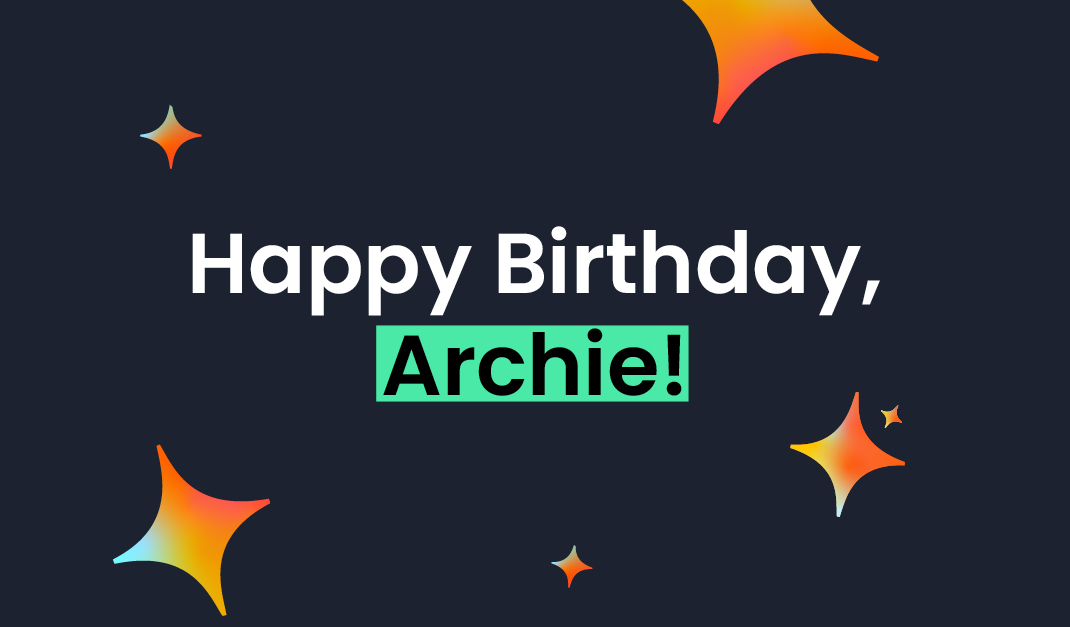 A blue and orange rectangle with the writing "Happy Birthday, Archie!"