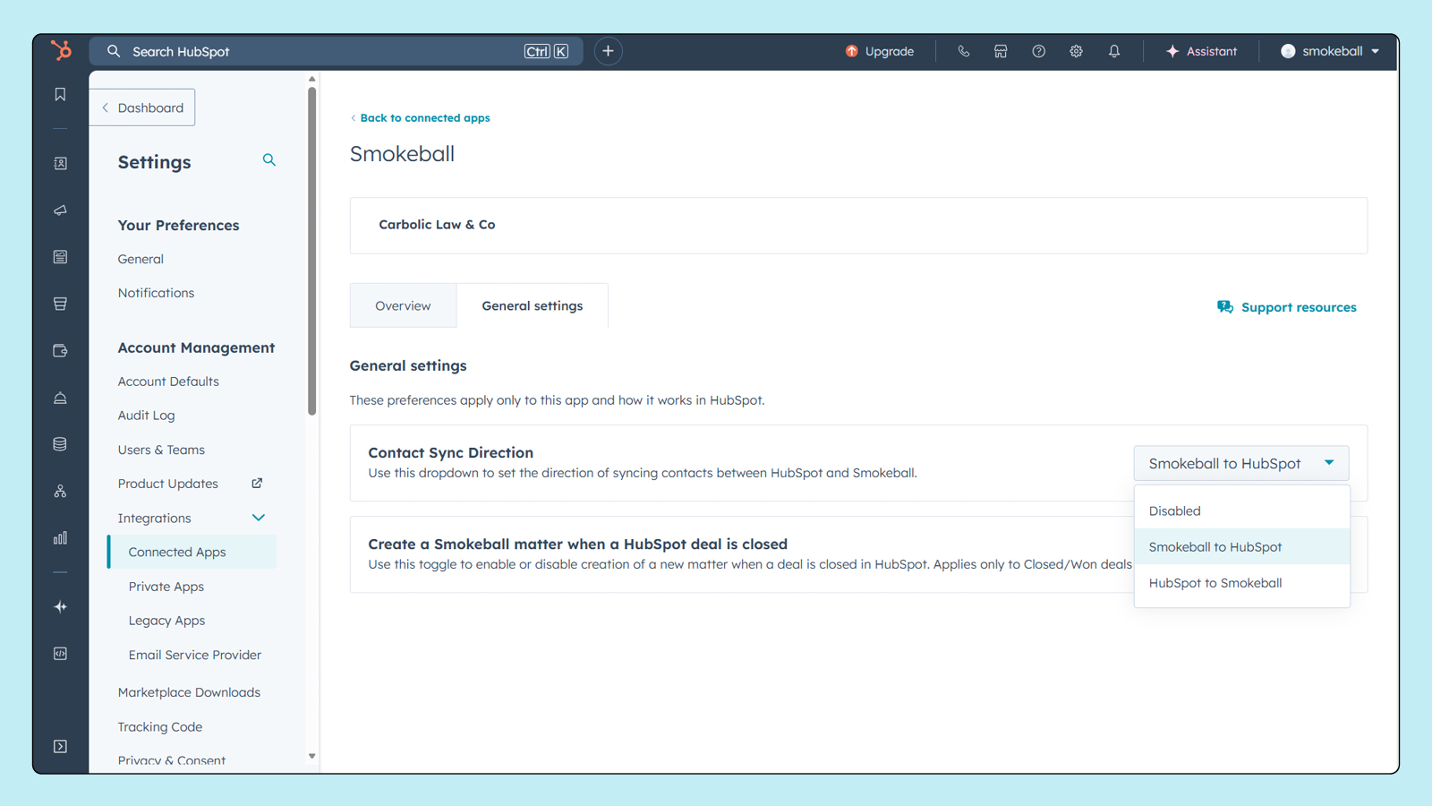 Smokeball allows flexible sync direction between HubSpot.