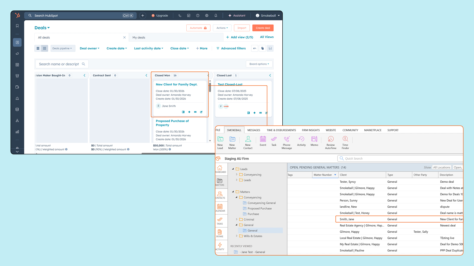 Closed Won deals will automatically generate a new matter in Smokeball and sync with HubSpot.