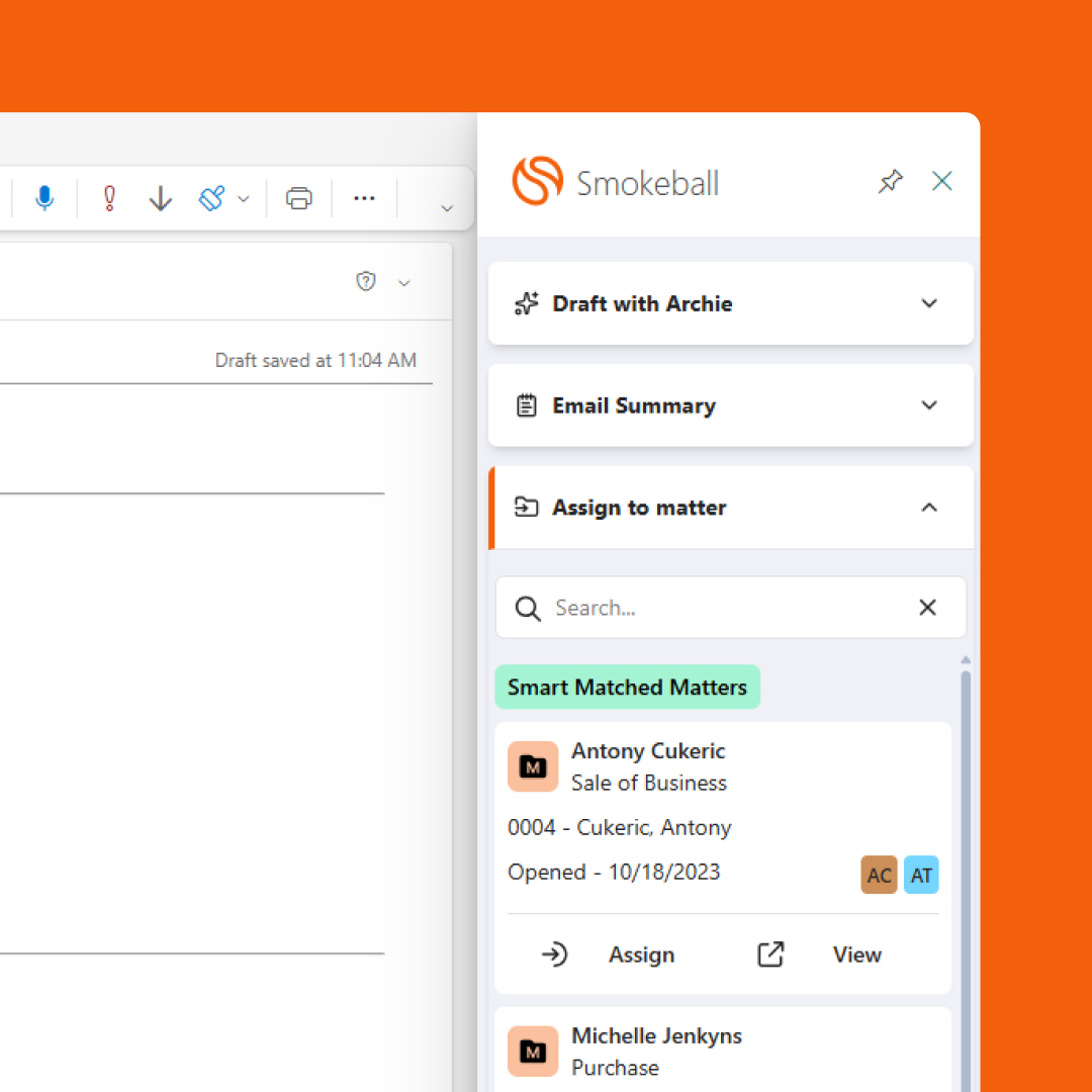 Smokeball's new Outlook add-in sidebar has all you need in one place.