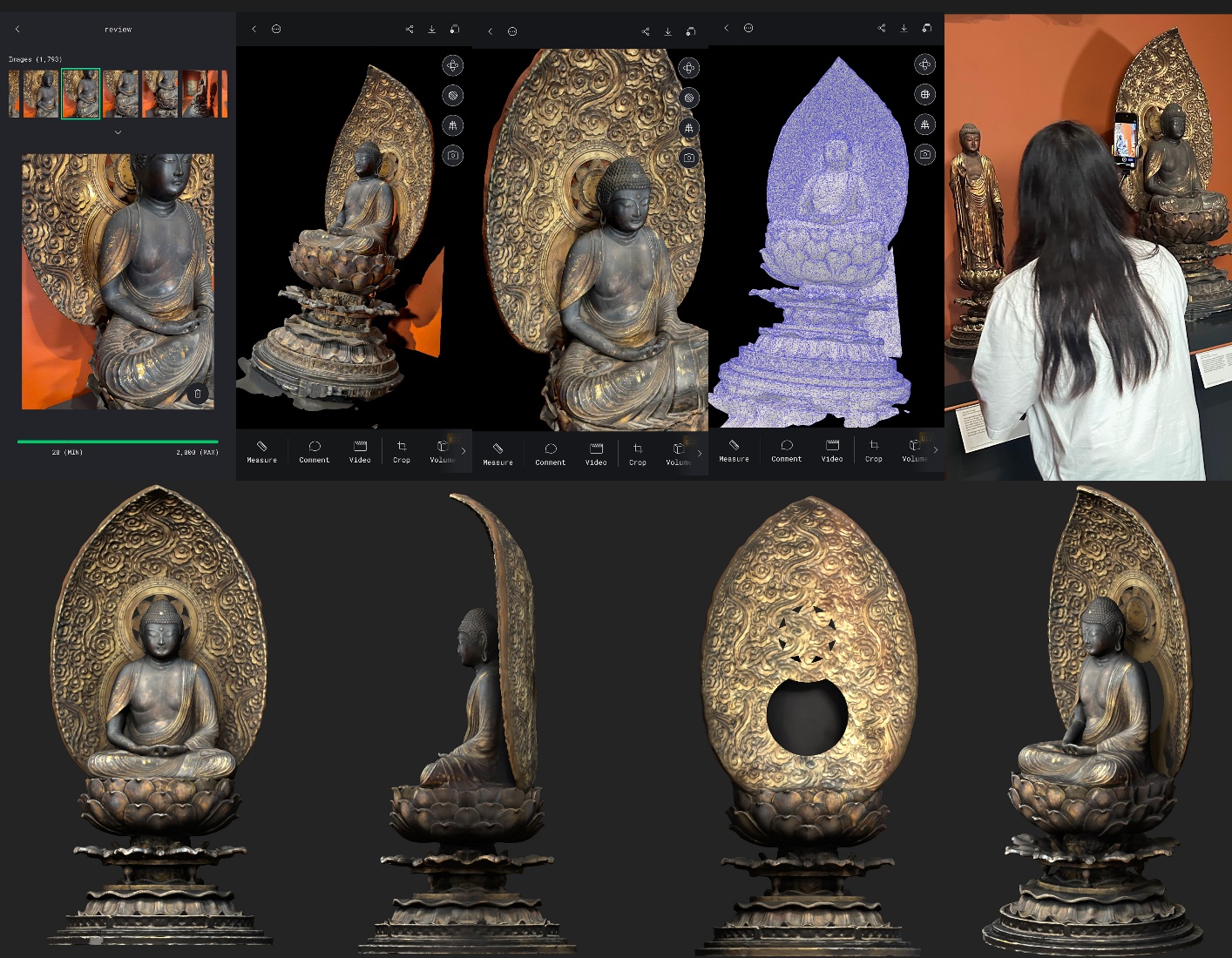 Process: the mobile photogrammetry workflow for digitizing an immovable collection sculpture under spatial constraints — on-site smartphone capture and reconstruction (top), and the processed three-dimensional model views optimized for real-time rendering (bottom).