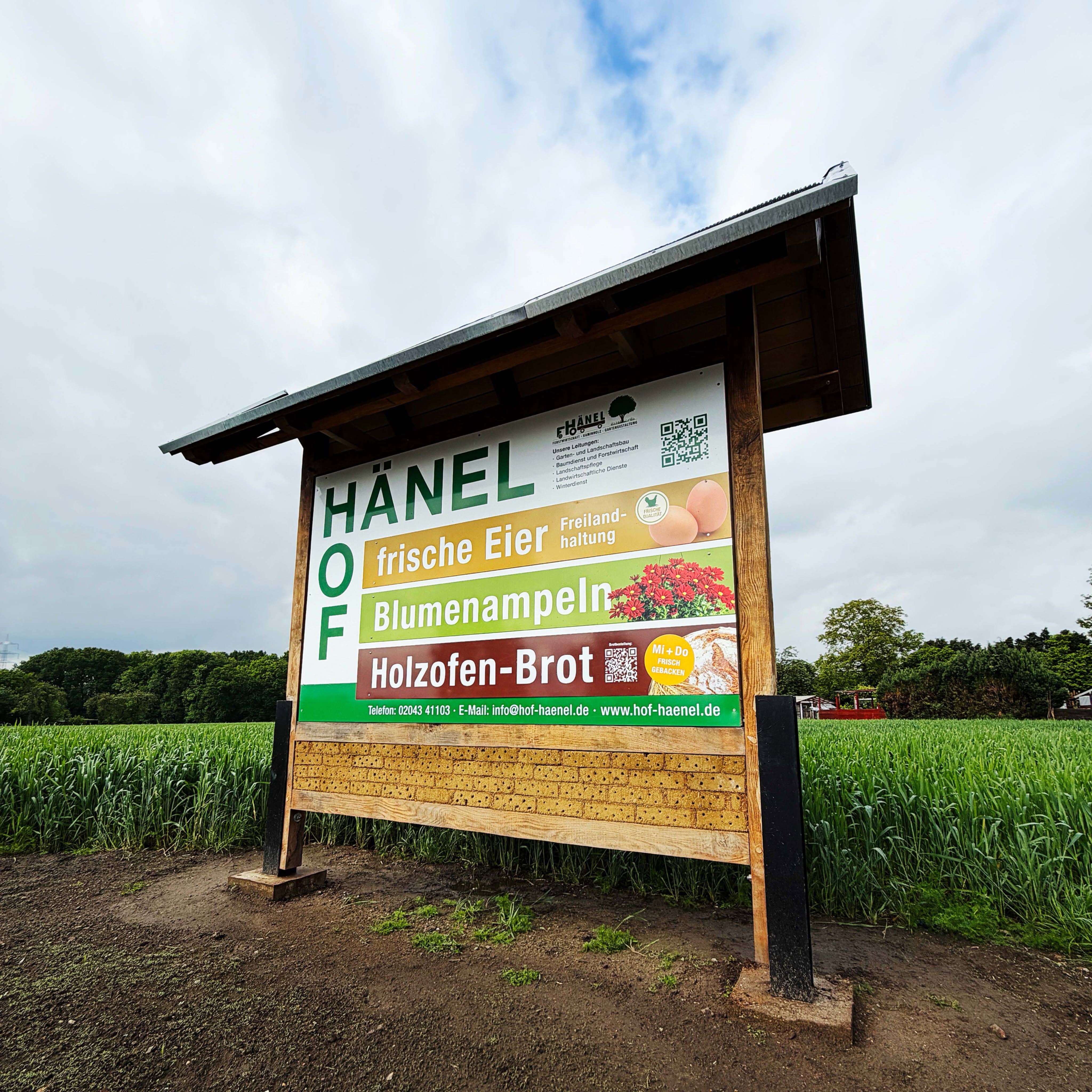 Großes Hofschild von Hof Hänel am Feldrand mit Werbung für frische Eier, Blumenampeln und Holzofenbrot