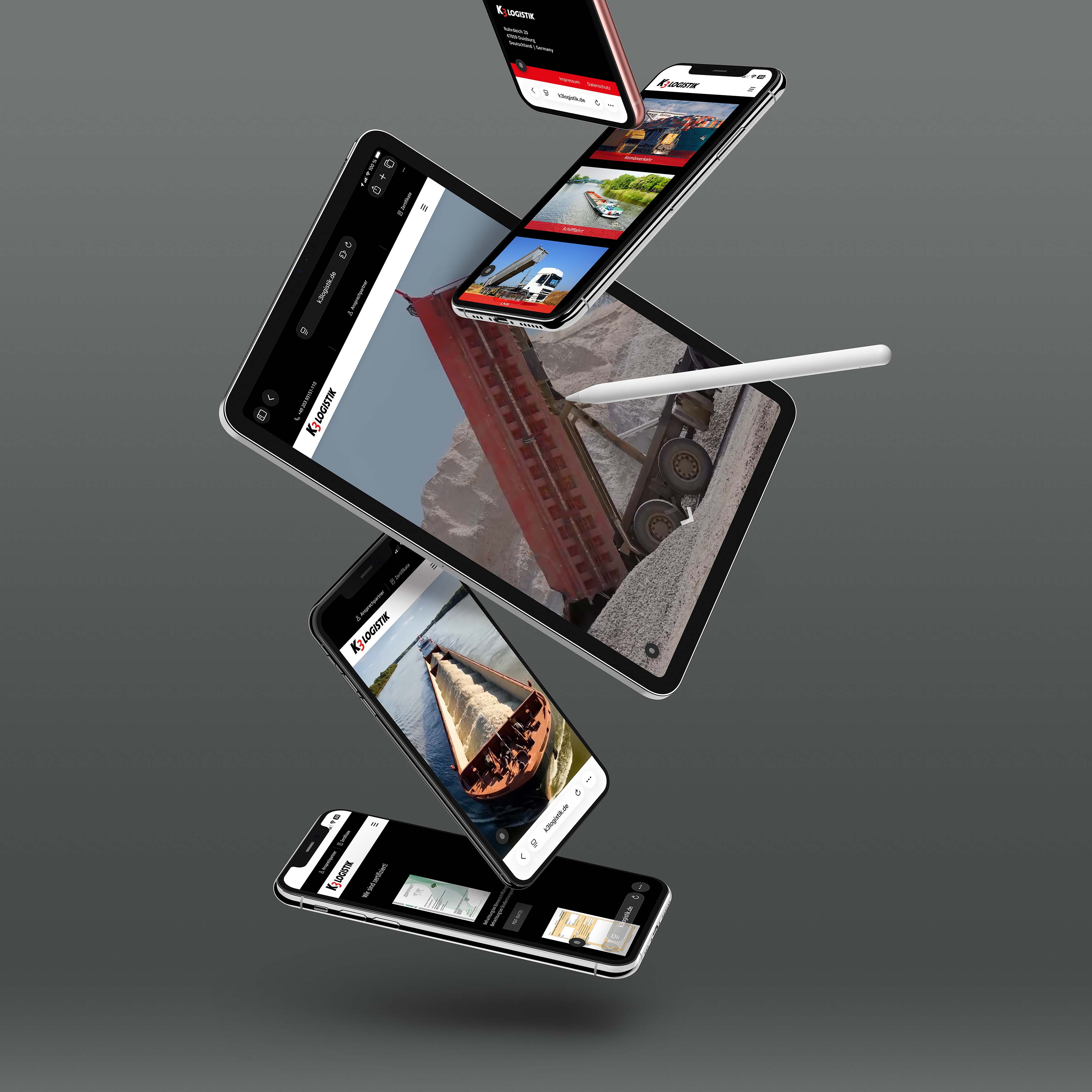 Projekt Mobile Website von K3Logistik auf mehreren schwebenden Smartphones