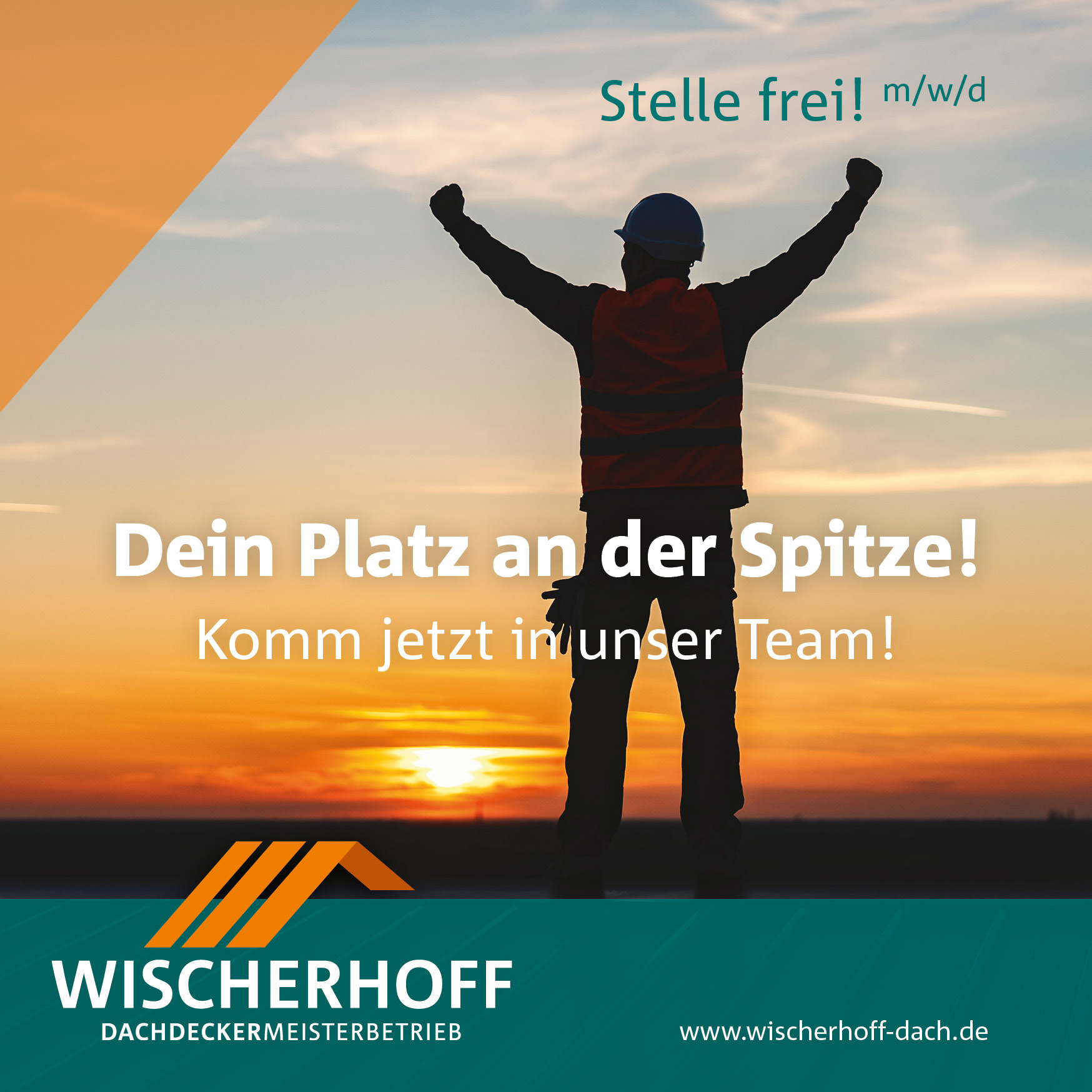Stellenanzeige „Dein Platz an der Spitze!“ mit Dachdecker im Sonnenuntergang, Wischerhoff Bedachungen