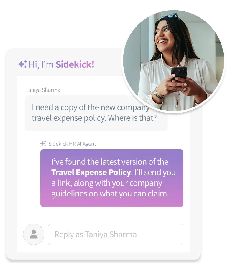 Teamgage Sidekick chat resolving a request for a document next to a photo of a woman using her phone.