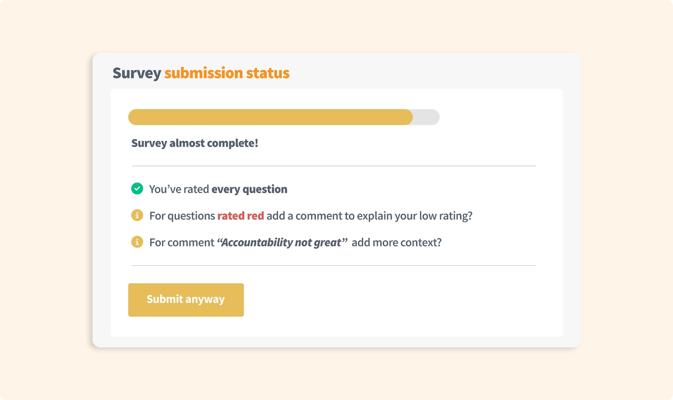 Teamgage submission status user interface.
